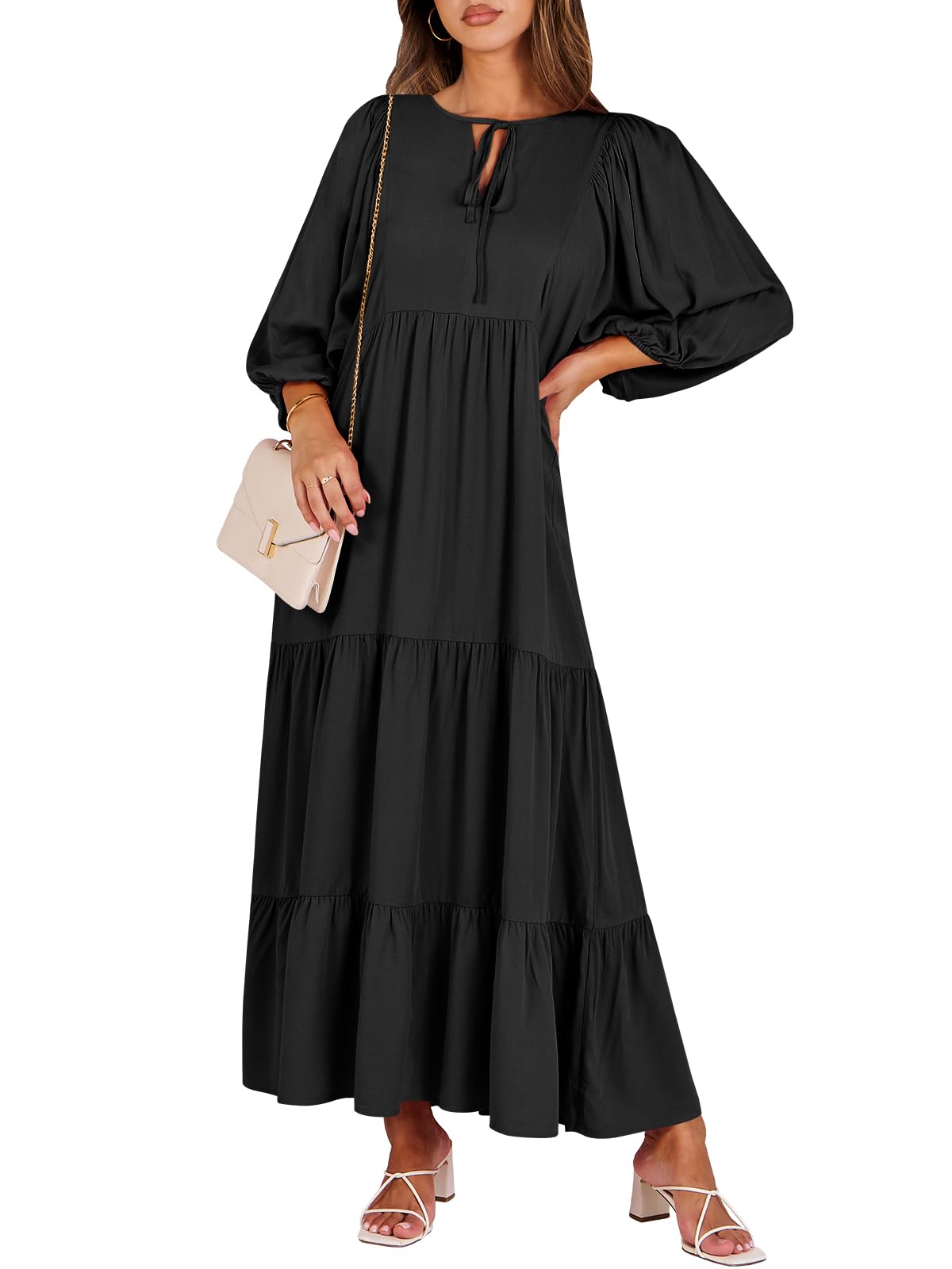 ANRABESS Womens Boho Floral 3/4 Puff Sleeve Maxi Dress | Tiered Flowy Loose Fit, Comfy Soft Rayon Fabric, Wedding Guest Church Beach, Modest Elegant, Spring Summer Fall Outfits