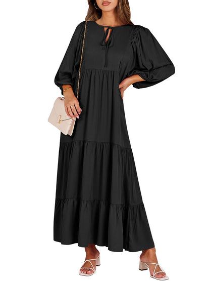 ANRABESS Womens Boho Floral 3/4 Puff Sleeve Maxi Dress | Tiered Flowy Loose Fit, Comfy Soft Rayon Fabric, Wedding Guest Church Beach, Modest Elegant, Spring Summer Fall Outfits