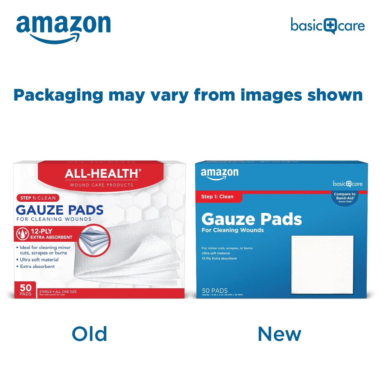 Amazon Basic Care Gauze Pads, 4x4" Sterile Medical Wound Dressing Sponges, 12-Ply, Extra Absorbent, for Cleaning, Covering & Cushioning Cuts & Minor Injuries, 50 Count, 1-Pack (Previously All Health)