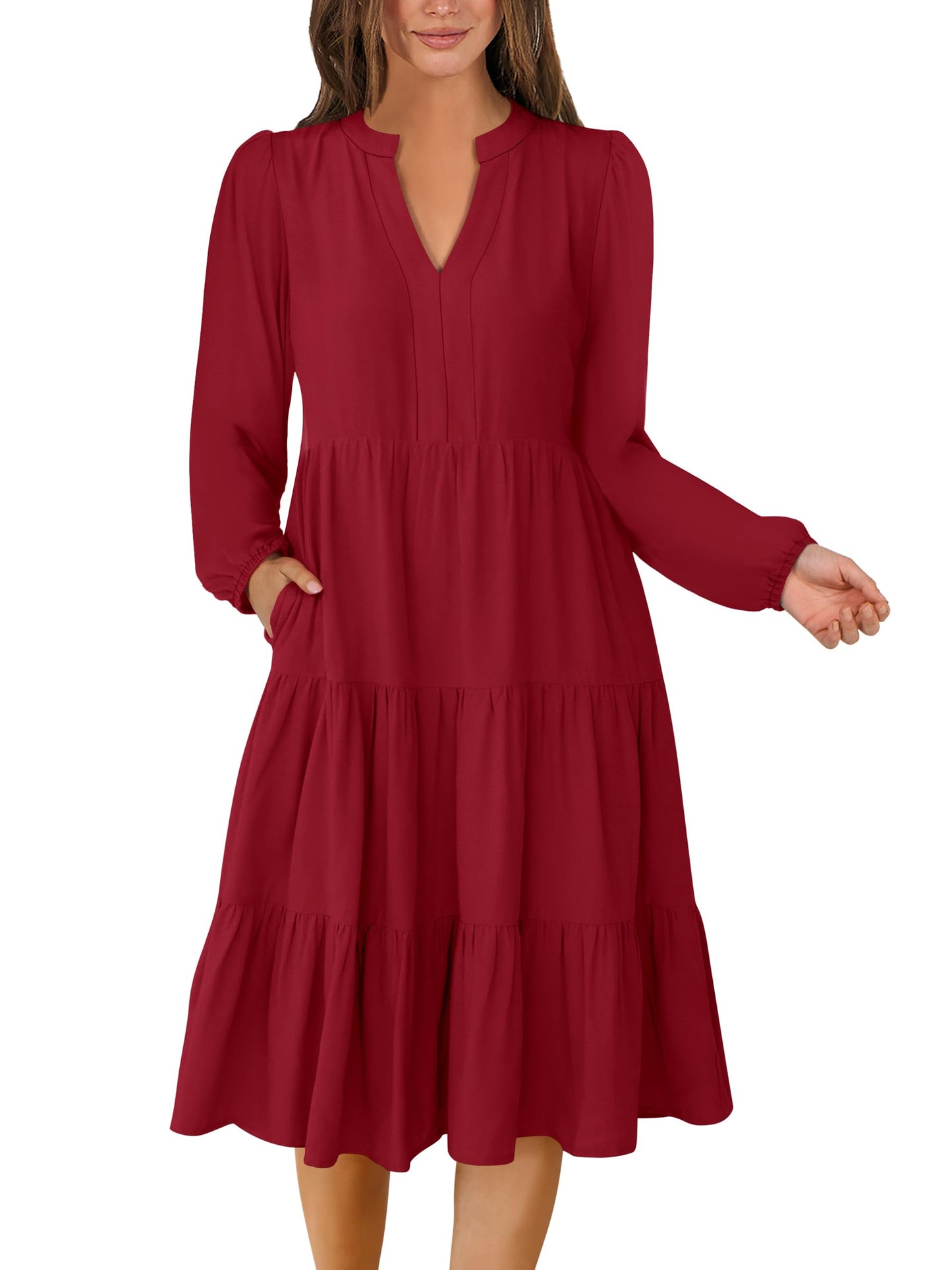 ANRABESS Womens V Neck Long Sleeve Midi Dress | Swing Flowy Tiered with Pockets, Soft Fabric, Boho Beach Vacation Dresses, Loose Fit Casual, Fall Winter Transition Clothes