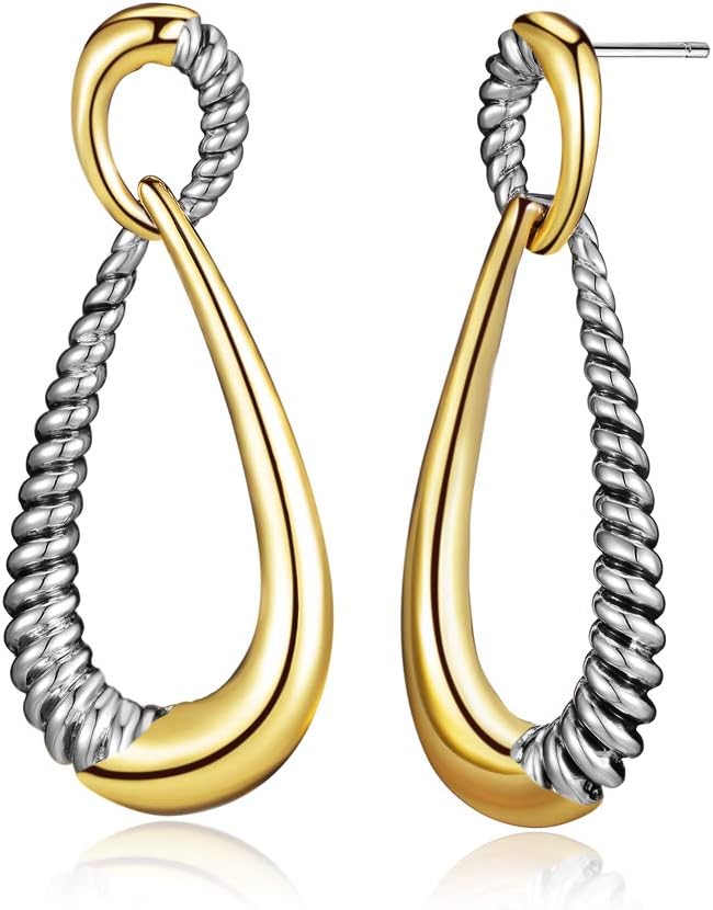 Mytys Two Tone Curved Dangle Drop Earrings - Gold Silver Plated Statement Earrings with Twisted Rope Design, Hypoallergenic Post for Women