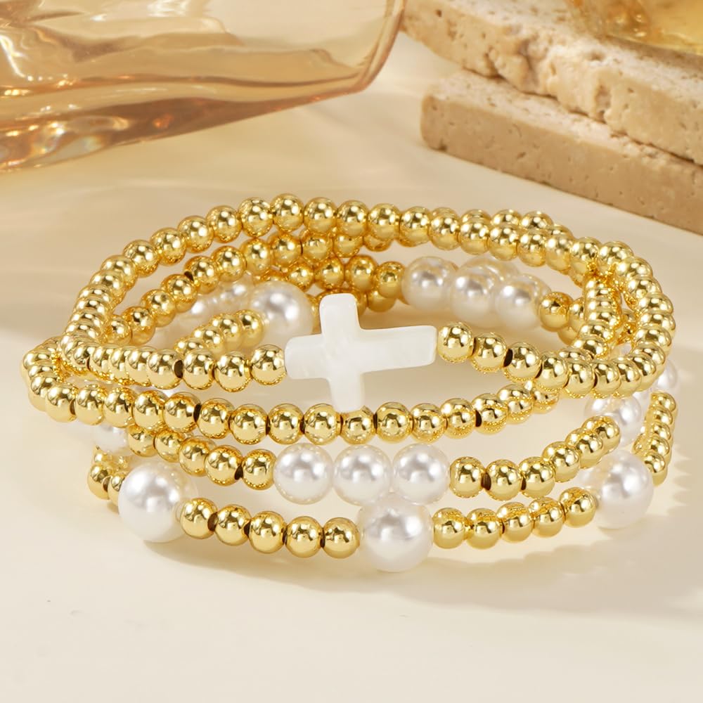 14K Gold Plated Pearl Beaded Cross Bracelets Stack Set for Women,Stretch Boho Colorful Christian Beads Ball Jewelry Friendship Summer Trendy Gift