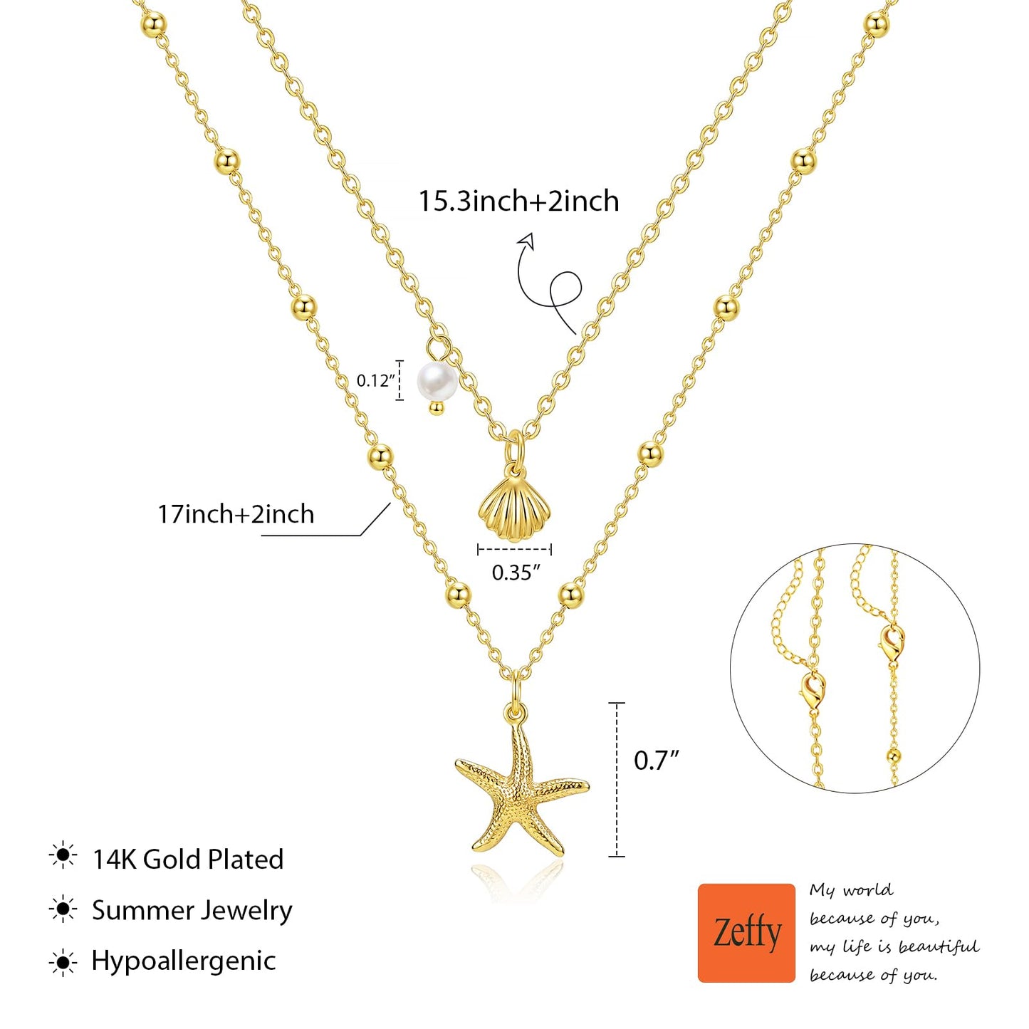 Zeffy Shell Necklace for Women,14K Gold Plated Layered Starfish Conch SeaShell Pearl Pendant Charm Necklace Stack Waterproof Dainty Beach Jewelry for Summer Vacation