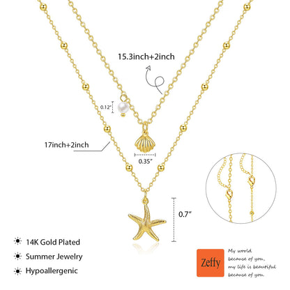 Zeffy Shell Necklace for Women,14K Gold Plated Layered Starfish Conch SeaShell Pearl Pendant Charm Necklace Stack Waterproof Dainty Beach Jewelry for Summer Vacation