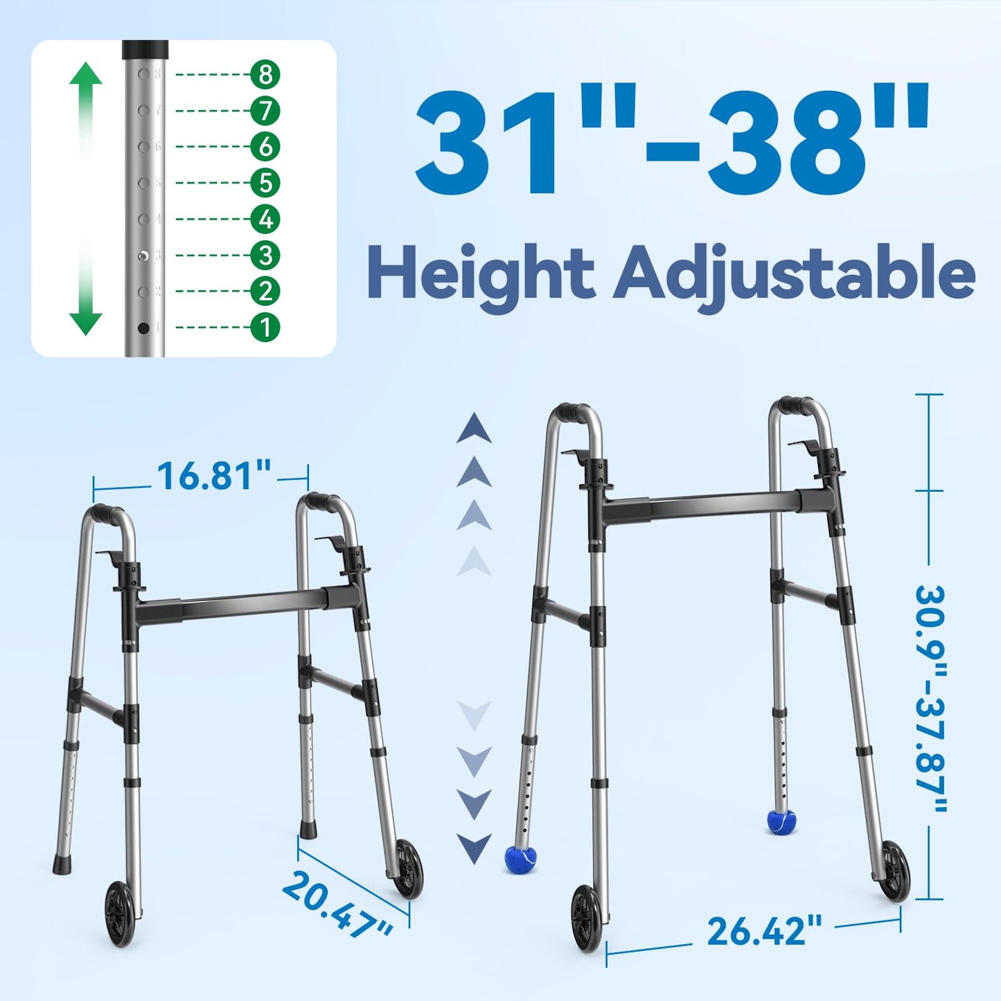 Loyoda Folding Walker with 2 Skis and 5" Wheels, Lightweight Walkers for Seniors and Adults, Supports Up to 350 Pounds, Adjustable Height, Compact Standard Walker, Black