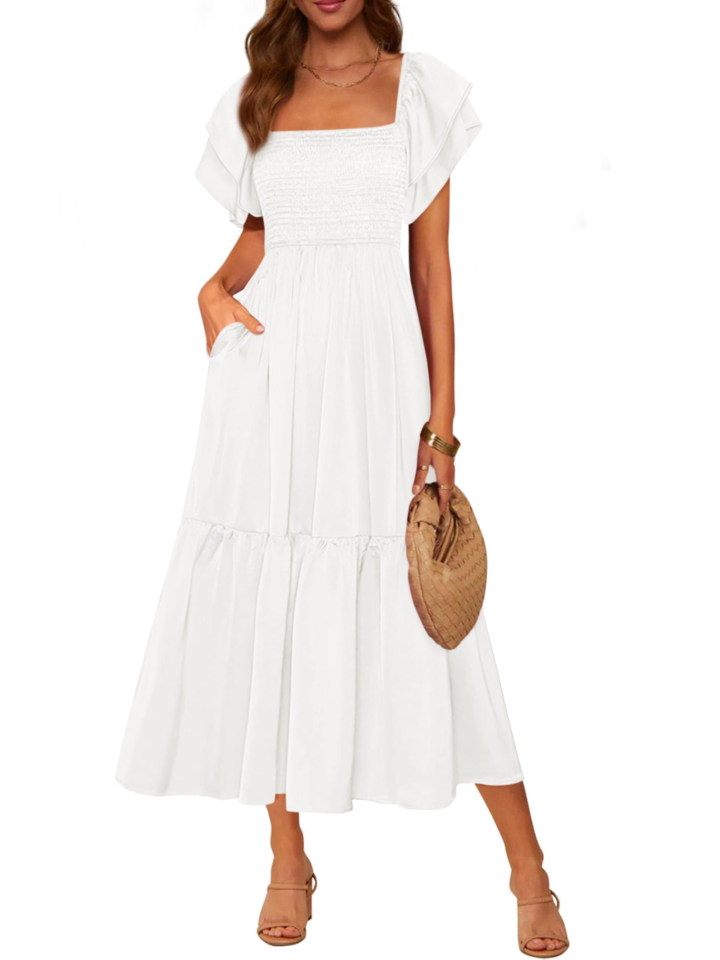 MASCOMODA Womens Summer Casual Midi Dress Square Neck Ruffle Short Sleeve Smocked High Waist A Line Wedding Guest Dresses