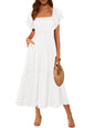 MASCOMODA Womens Summer Casual Midi Dress Square Neck Ruffle Short Sleeve Smocked High Waist A Line Wedding Guest Dresses