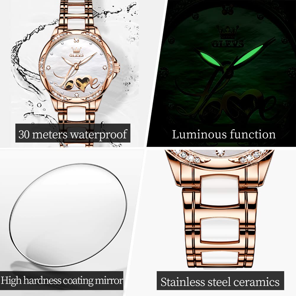 OLEVS Automatic Watches for Women Rose Gold Fashion Diamond Dress Ladies Wrist Watch Self Winding Mechanical Two Tone Ceramic Band Waterproof