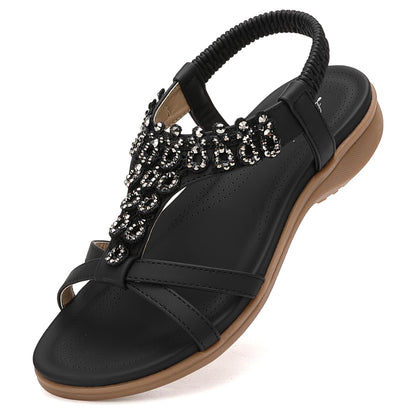 Littleplum Womens Sandals Arch Support Slingback Rhinestone Dressy Sandals Comfort Summer Shoes Ankle Strap Elastic Flats for Beach Walking