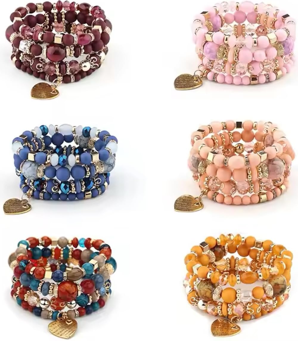 Women Beaded Bracelet Set | Colorful Boho Stackable Trendy Design with Crystal Accents Multilayer Bangle Bracelet | Fashion Stretch Braclets Jewelry for Women