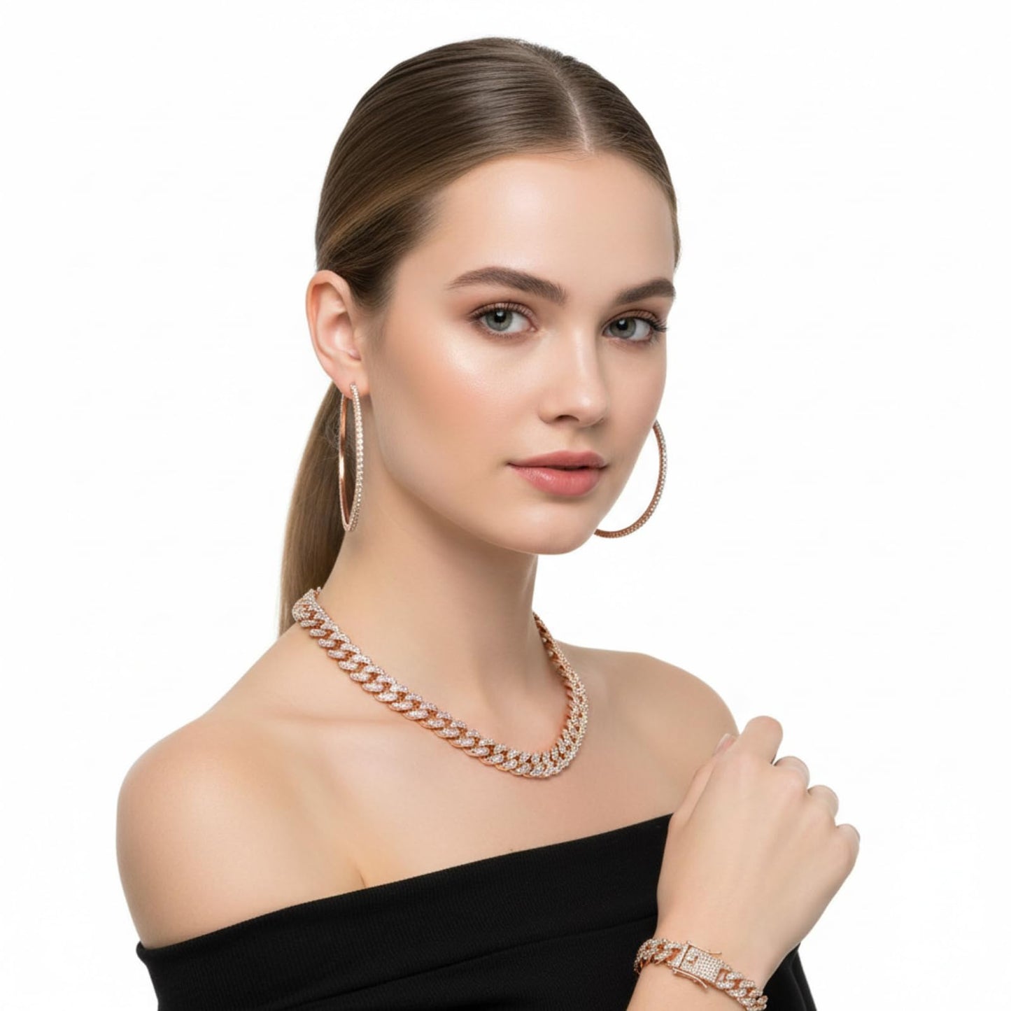 Batiyeer 3 Pcs Cuban Link Chain Necklace Bracelet Rhinestone Hoop Earrings Bling Crystal Hip Hop Jewelry for Women(18 Inch,Gold)
