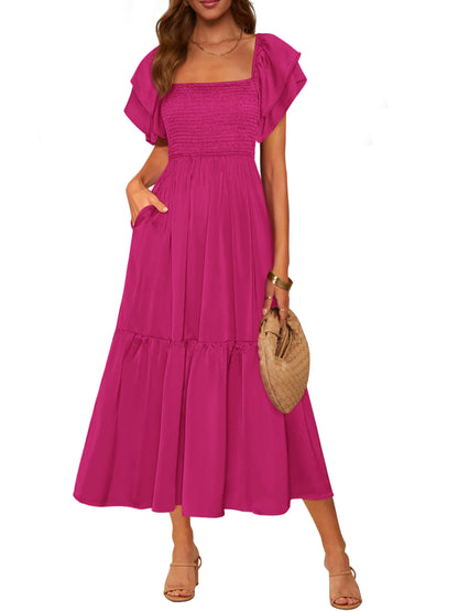 MASCOMODA Womens Summer Casual Midi Dress Square Neck Ruffle Short Sleeve Smocked High Waist A Line Wedding Guest Dresses