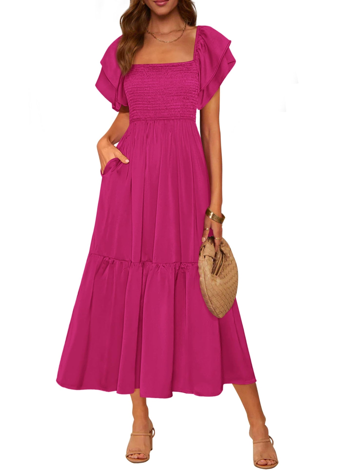 MASCOMODA Womens Summer Casual Midi Dress Square Neck Ruffle Short Sleeve Smocked High Waist A Line Wedding Guest Dresses