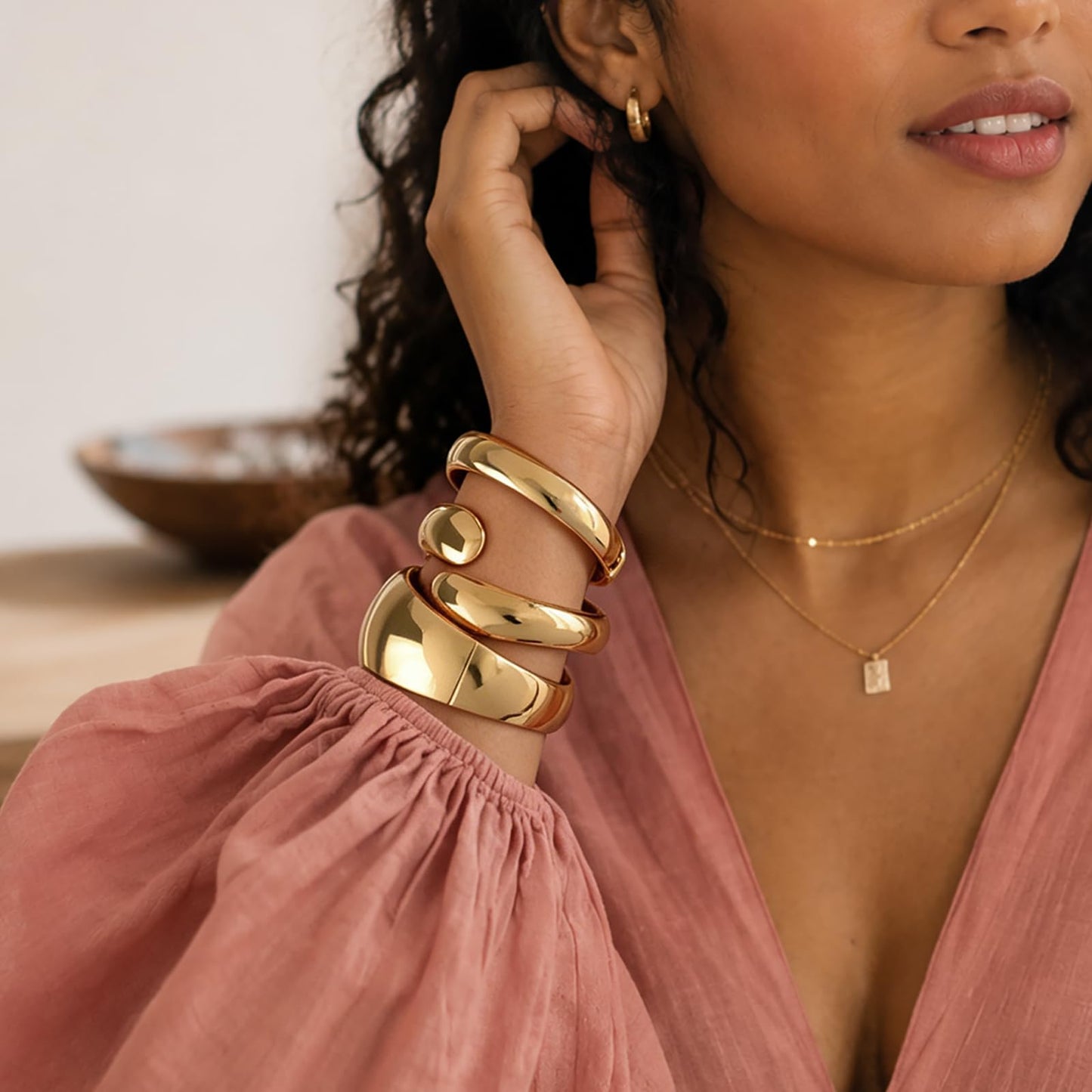 Chunky Gold Bangle Bracelets for Women Trendy 14K Gold Plated Cuff Bracelets Stack, Dainty Gold Bracelet Sets Non Tarnish Fashion Jewelry Gift