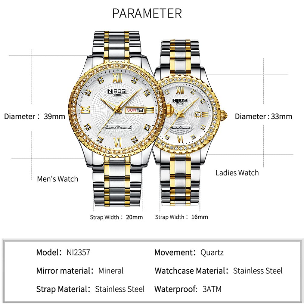 NIBOSI Watches for Couples Diamond Luxury Men and Women His and Hers Pair Watch Set Husband Wife Valentines Matching Wrist Watch Wedding Gifts Day Date Waterproof Quartz Analog