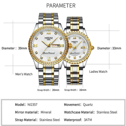 NIBOSI Watches for Couples Diamond Luxury Men and Women His and Hers Pair Watch Set Husband Wife Valentines Matching Wrist Watch Wedding Gifts Day Date Waterproof Quartz Analog