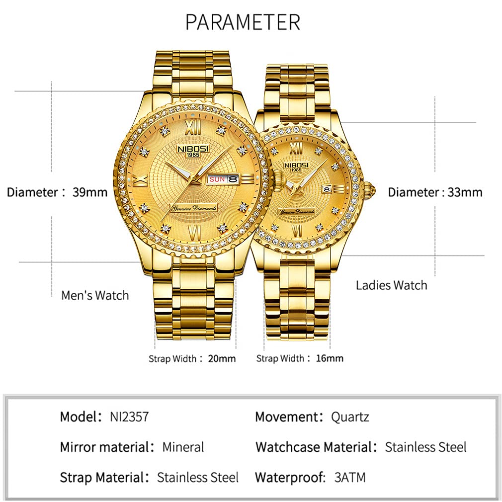 NIBOSI Watches for Couples Diamond Luxury Men and Women His and Hers Pair Watch Set Husband Wife Valentines Matching Wrist Watch Wedding Gifts Day Date Waterproof Quartz Analog