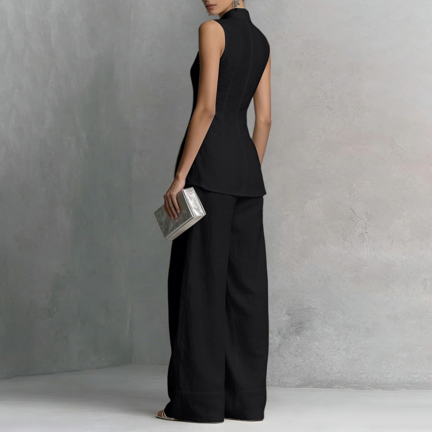 Linen Lounge sets for women, Stand Collar Sleeveless Top and Baggy Wide Leg Pants, Casual Business 2 Piece Set