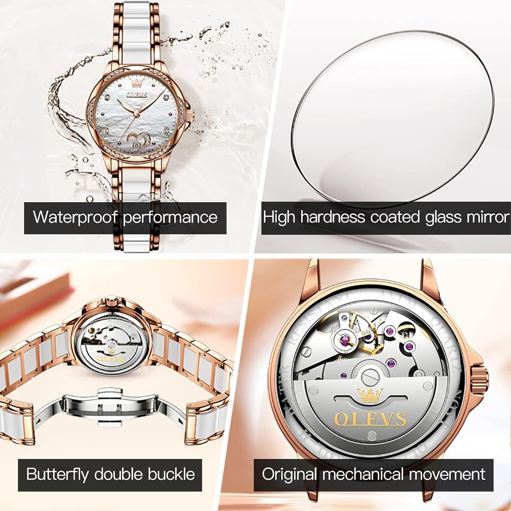 OLEVS Automatic Watches for Women Rose Gold Fashion Diamond Dress Ladies Wrist Watch Self Winding Mechanical Two Tone Ceramic Band Waterproof