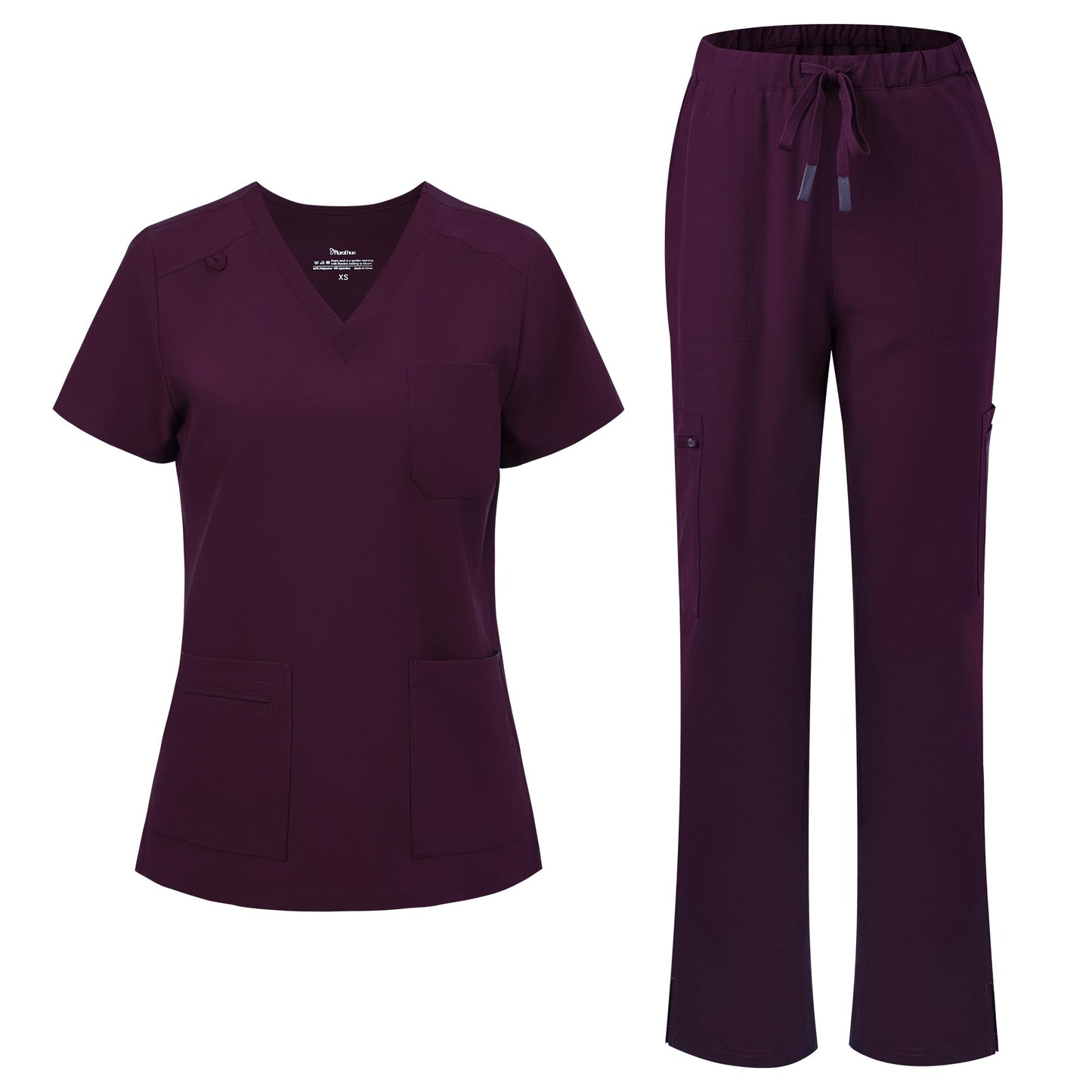 floralhue Scrubs for Women, V-Neck Straight Leg Pants with 12 Pockets | Slit Hem Cargo Pant Storage, Yoga Waistband, Water Resistance, For Nurses, Clinics, Long Shifts, Daily Medical Uniforms