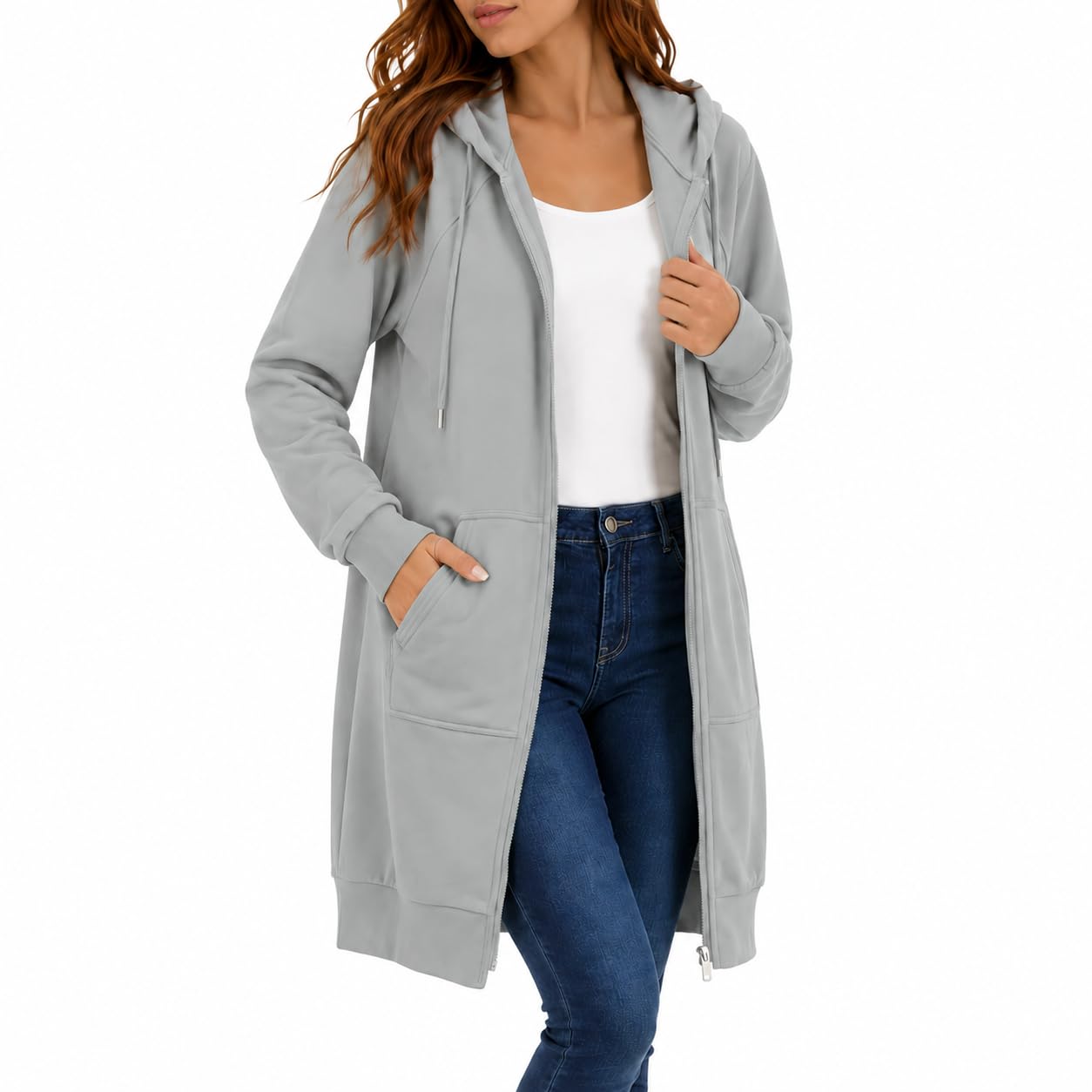 Womens Long Zip Up Hoodie Jacket Casual Open Front Tunic Sweatshirt with Pockets Fleece Lightweight Fall Winter Coat