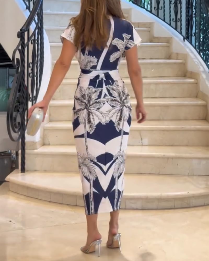 CHICME Summer Dresses for Women Floral Print Plunge V Neck Midi Dress Casual Ruched Slit Bodycon Party Dress