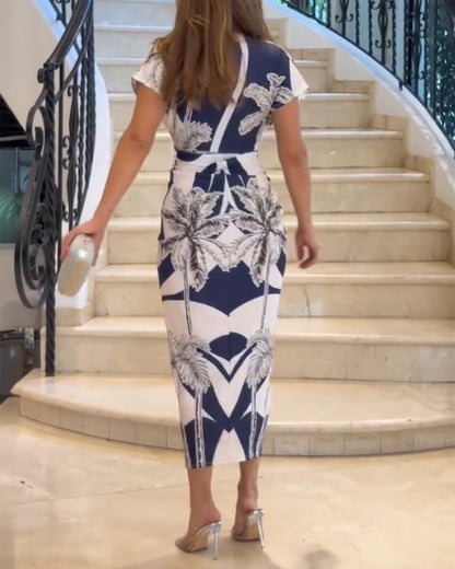 CHICME Summer Dresses for Women Floral Print Plunge V Neck Midi Dress Casual Ruched Slit Bodycon Party Dress