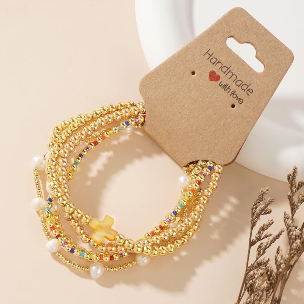 14K Gold Plated Pearl Beaded Cross Bracelets Stack Set for Women,Stretch Boho Colorful Christian Beads Ball Jewelry Friendship Summer Trendy Gift