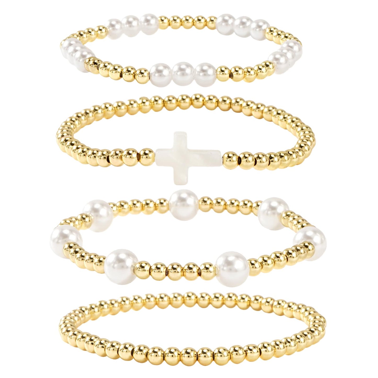14K Gold Plated Pearl Beaded Cross Bracelets Stack Set for Women,Stretch Boho Colorful Christian Beads Ball Jewelry Friendship Summer Trendy Gift