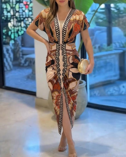 CHICME Summer Dresses for Women Floral Print Plunge V Neck Midi Dress Casual Ruched Slit Bodycon Party Dress