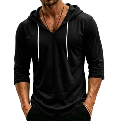 Mens Hooded 3/4 Sleeve Pullover Relaxed Fit Casual Lightweight Comfort Top