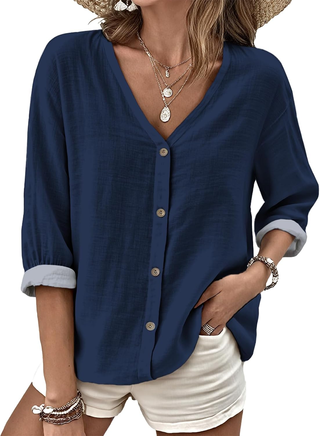 MARSVOVO V Neck Shirts for Women Lightweight Decorative Button 3/4 Sleeve Blouses Comfy Casual Business Flowy Top
