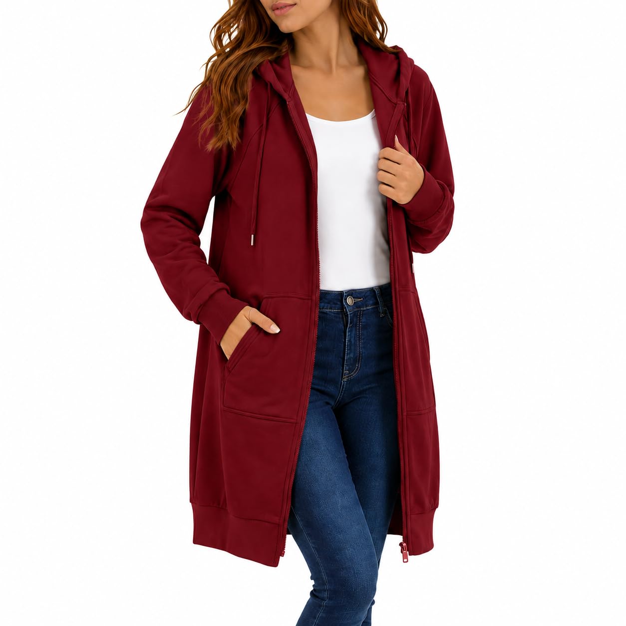 Womens Long Zip Up Hoodie Jacket Casual Open Front Tunic Sweatshirt with Pockets Fleece Lightweight Fall Winter Coat