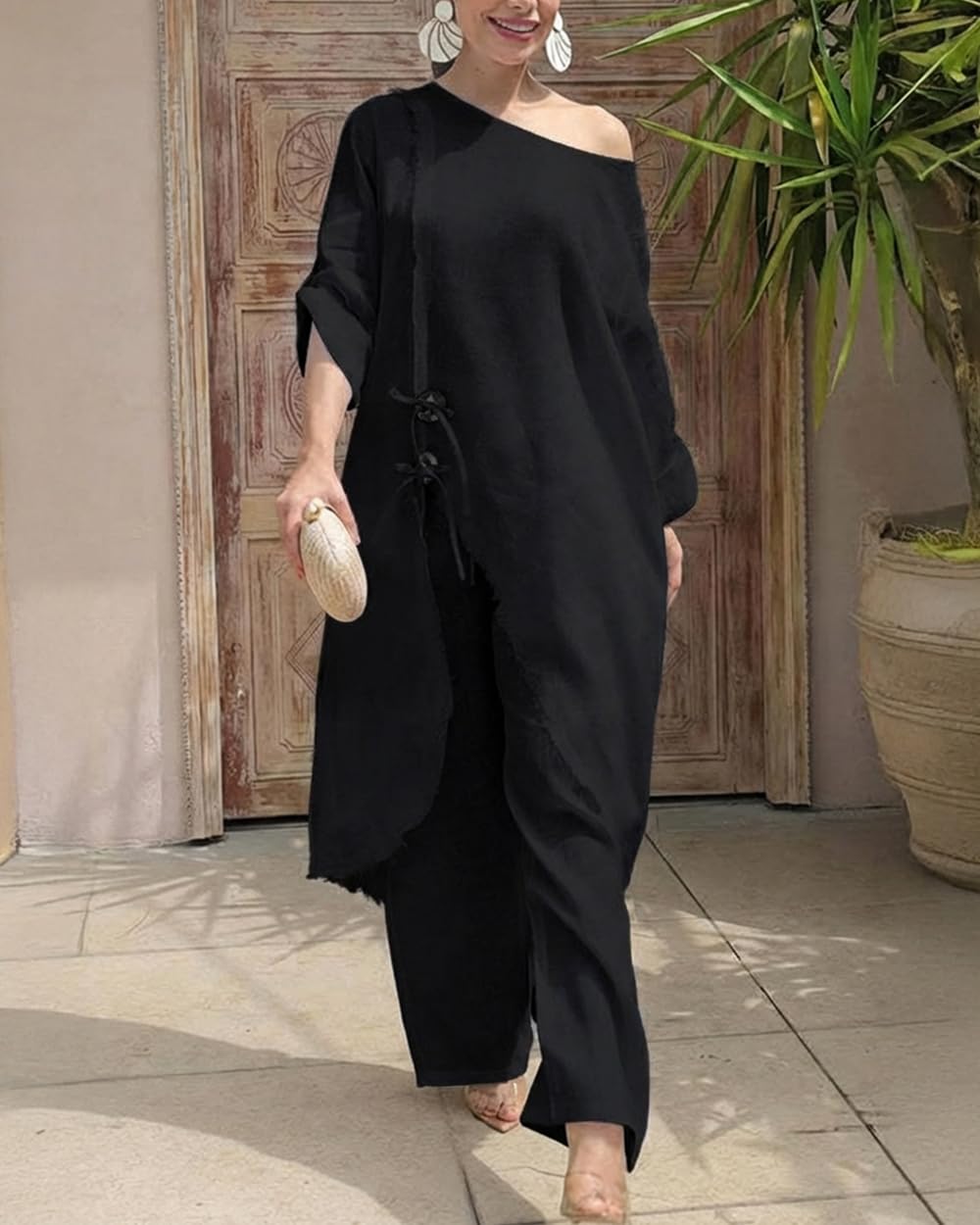 CHICME Women's Linen 2 Piece Vacation Set Cold Shoulder Wide Leg Pants | Lightweight Linen-Blend Fabric. Cold Shoulder Design. Perfect for Vacations, Travel, and Everyday Wear.