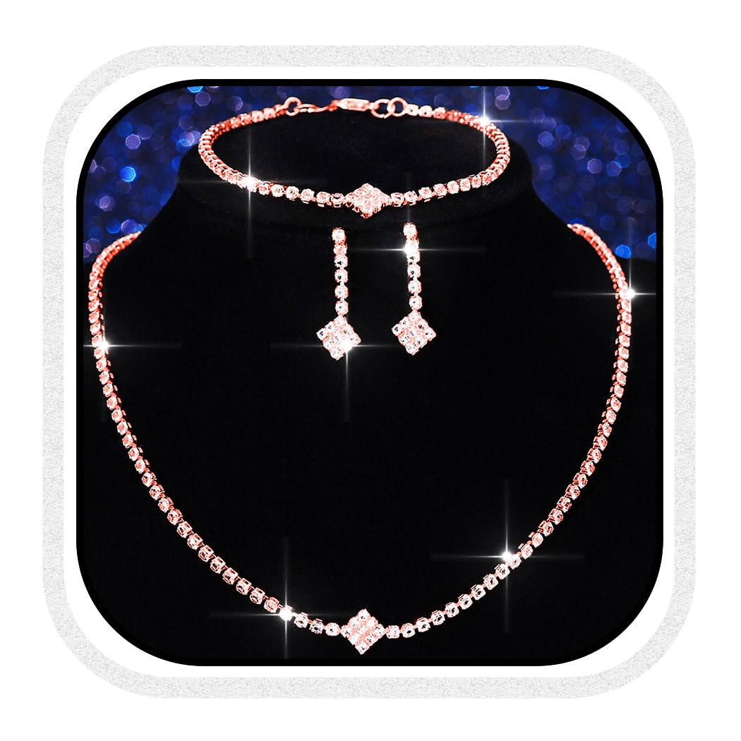 Aukmla Rhinestones Bridal Wedding Jewelry Sets Sparkly Necklace Earrings Bracelet Set Prom Formal Jewelry for Brides and Women