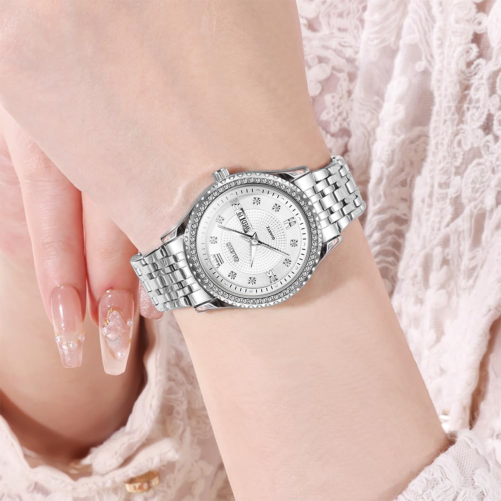 OLEVS Watches Women with Date Silver Stainless Steel Luxury Ladies Watches with Small Writs Diamond Watches for Women Waterproof Elegant Dress Quartz Analog Women's Wrist Watches Reloj de Mujer