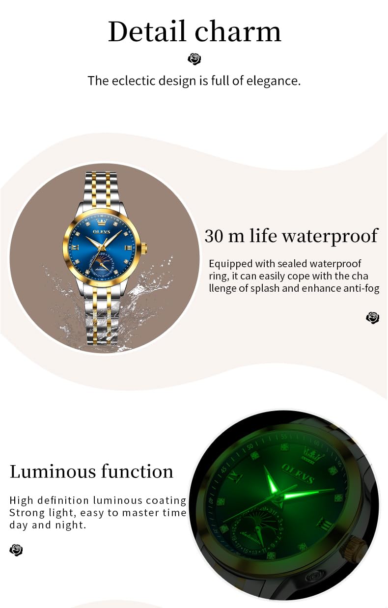 OLEVS Womens Automatic Watches Gold Classic Diamond Ladies Self Winding Mechanical Two Tone Stainless Steel Wrist Watch Date