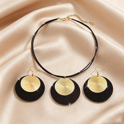 Gold Disc Pendant Necklace Earrings Set Leather Cord Black Circle Statement Necklaces Geometric Textured Medallion Jewelry For Women Party Fashion