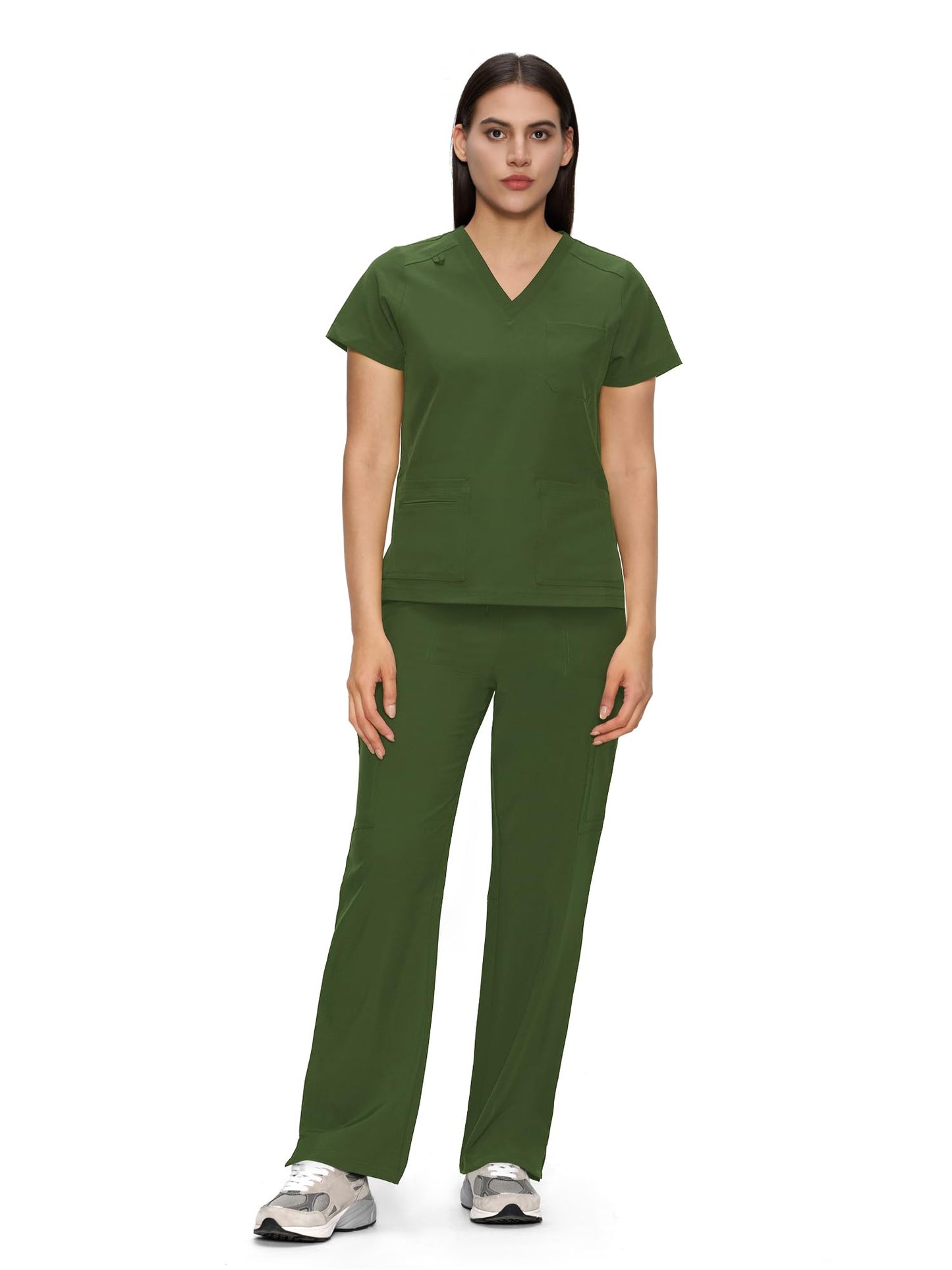 floralhue Scrubs for Women, V-Neck Straight Leg Pants with 12 Pockets | Slit Hem Cargo Pant Storage, Yoga Waistband, Water Resistance, For Nurses, Clinics, Long Shifts, Daily Medical Uniforms