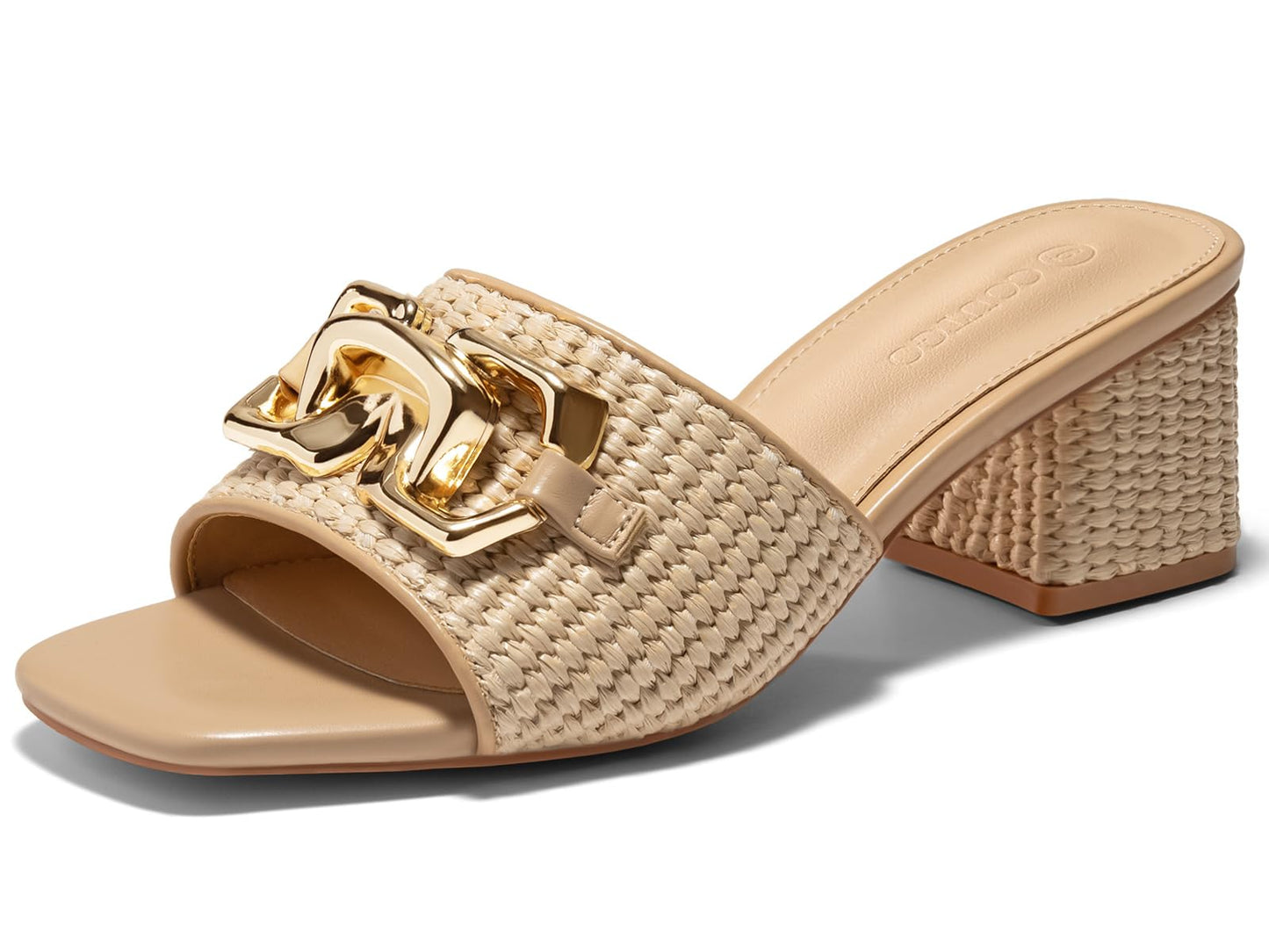 Coutgo Womens Raffia Slide Sandals Chunky Block Heeled Square Open Toe Metal Chain Slip on Mules Dressy Shoes