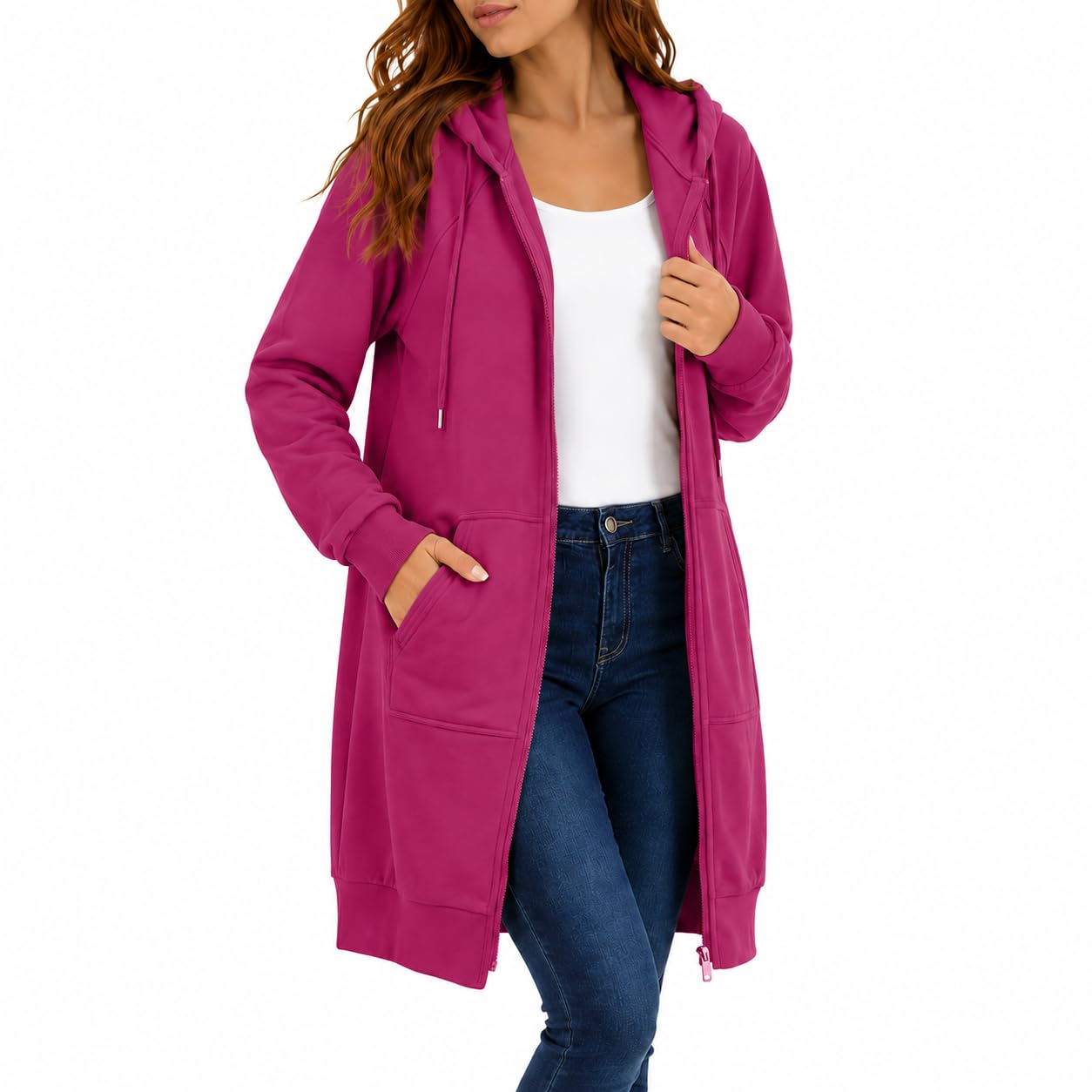 Womens Long Zip Up Hoodie Jacket Casual Open Front Tunic Sweatshirt with Pockets Fleece Lightweight Fall Winter Coat