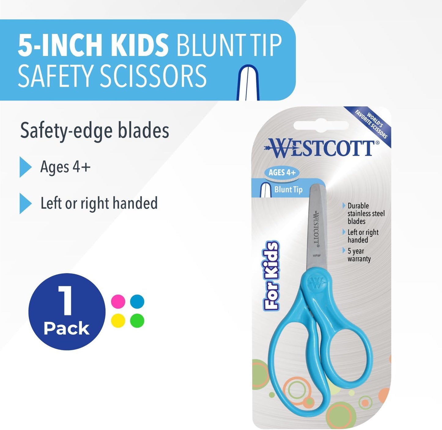 Westcott 16454 Right- and Left-Handed Scissors, Kids' Scissors, Back to School, Classroom Supplies, Ages 4-8, 5-Inch Blunt Tip, Assorted, 6 Pack