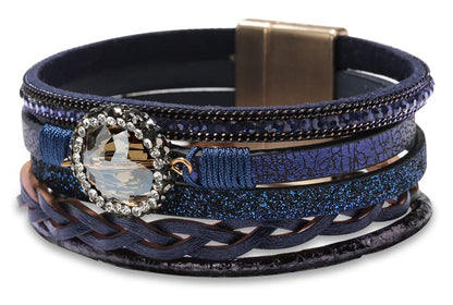 Fesciory Leopard Bracelet for Women, Boho Leather Wrap Multi-Layer Pearl Crystal Bracelet Bangle Jewelry