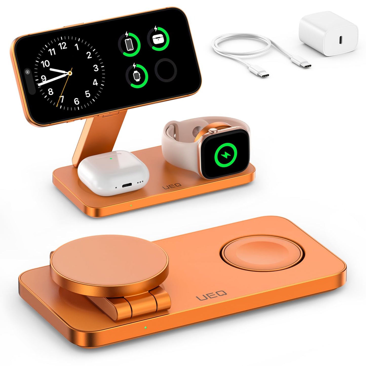 UEQ Foldable 3 in 1 Wireless Charging Station for Apple Magsafe Charger Stand,Fast Magnetic Wireless Charger Station for iPhone 17 Air 16 15 14 13 12 Series,Airpods Pro,Apple Watch Ultra (Pure Black)