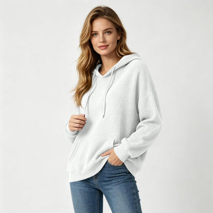 Women Casual Waffle Grid Textured Pullover Hoodie Contrast Drawstring Pocket Loose Long Sleeve Sweatshirts