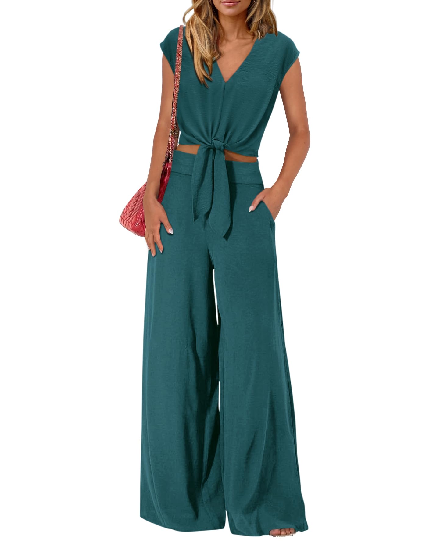 PRETTYGARDEN Women's Summer 2 Piece Outfits 2026 Cap Sleeve V Neck Belted Crop Tops Wide Leg Pant Sets Casual Tracksuit