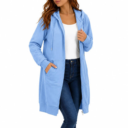 Womens Long Zip Up Hoodie Jacket Casual Open Front Tunic Sweatshirt with Pockets Fleece Lightweight Fall Winter Coat
