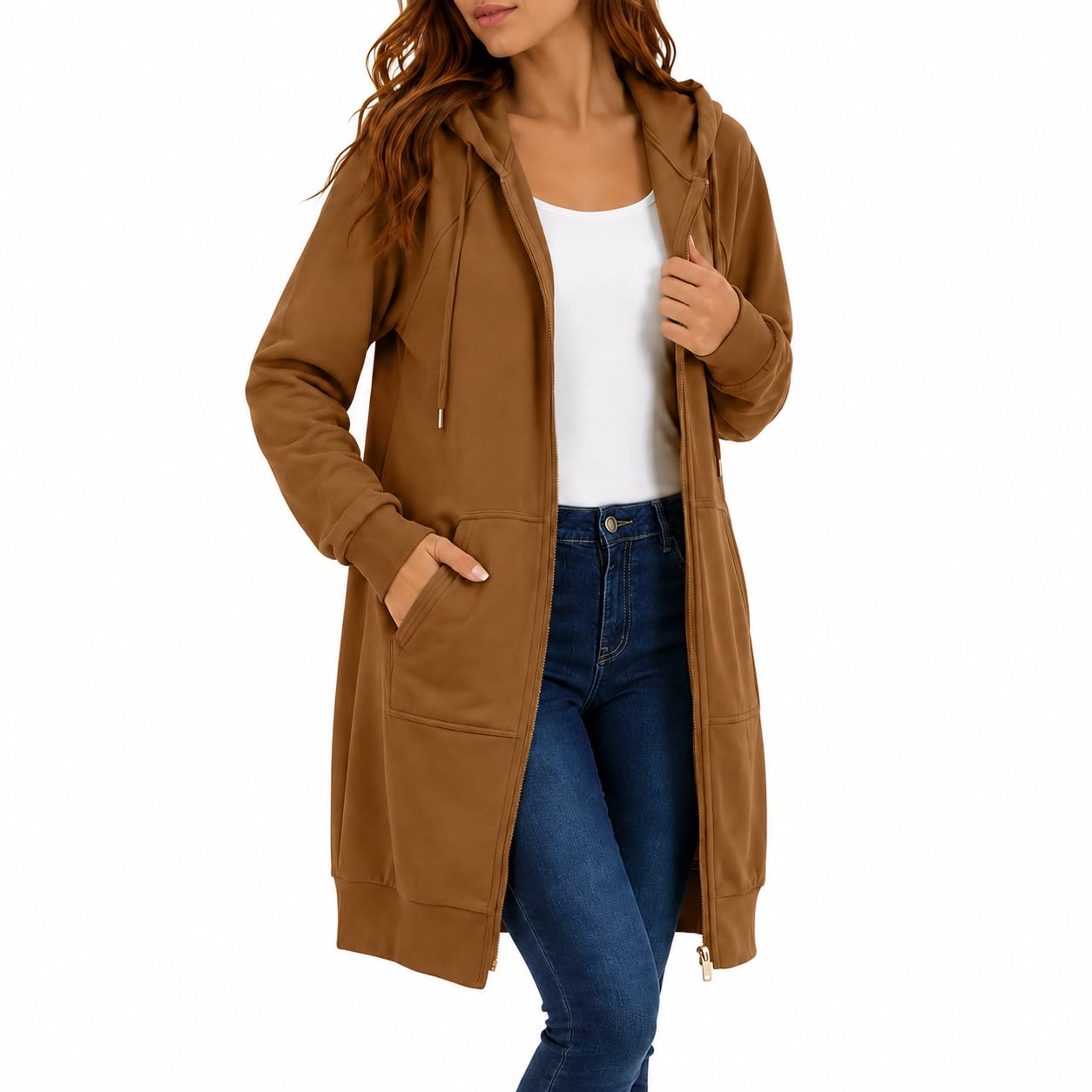 Womens Long Zip Up Hoodie Jacket Casual Open Front Tunic Sweatshirt with Pockets Fleece Lightweight Fall Winter Coat