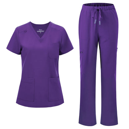 floralhue Scrubs for Women, V-Neck Straight Leg Pants with 12 Pockets | Slit Hem Cargo Pant Storage, Yoga Waistband, Water Resistance, For Nurses, Clinics, Long Shifts, Daily Medical Uniforms