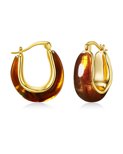 SNGIA Long Oval Chunky Dangle 18K Gold Plated Hoops with Colored Resin Gemstone Statement Earrings for Women, (Green, Brown, Light blue, Dark Blue), Bold Drop Handmade Exaggerated Irregular Trendy Bohemian Jewelry Gifts, Unique Dangling Teardrop Baroque S